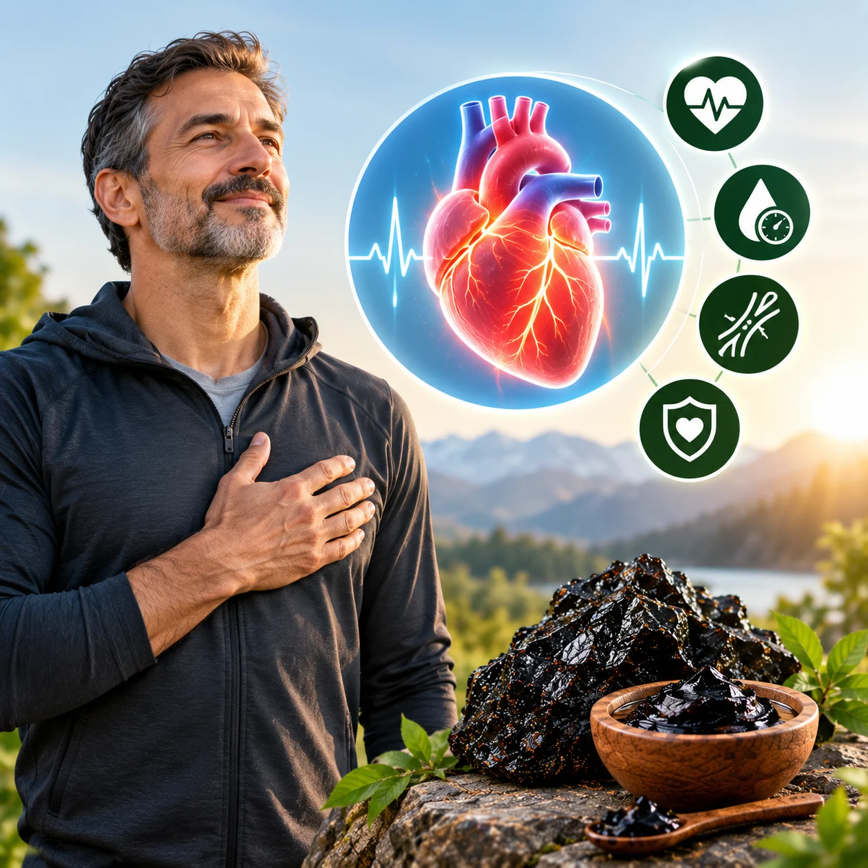 Illustration of a person with a heart graphic and Himalayan Salajeet resin