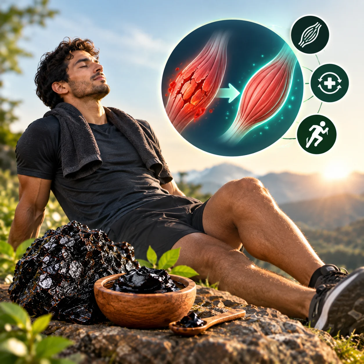 Illustration of a person resting after exercise with a muscle recovery graphic