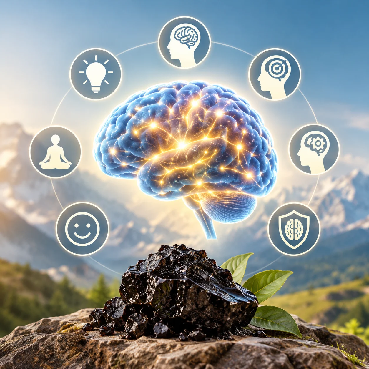 Illustrative brain graphic with focus symbols and Himalayan Salajeet resin