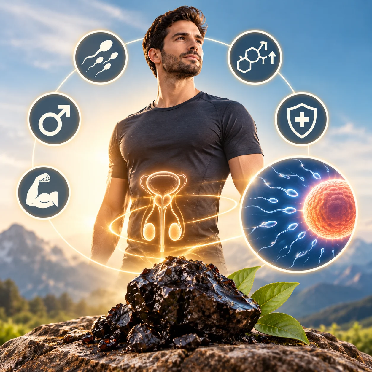 Illustrative artwork with male reproductive symbols, a person and Himalayan Salajeet resin