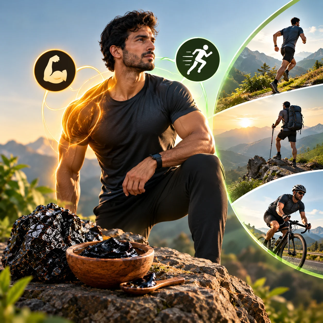 Illustration of a person with running, hiking and cycling scenes representing energy and stamina