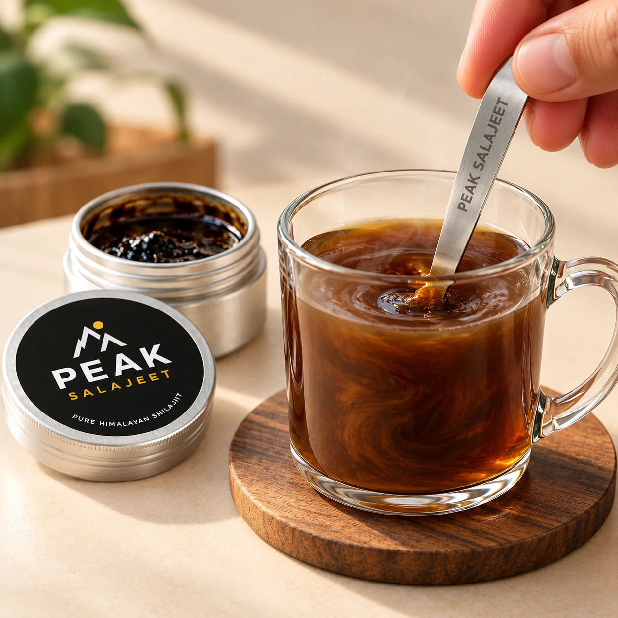 Step 3: stir PeakSalajeet resin into the drink until dissolved.