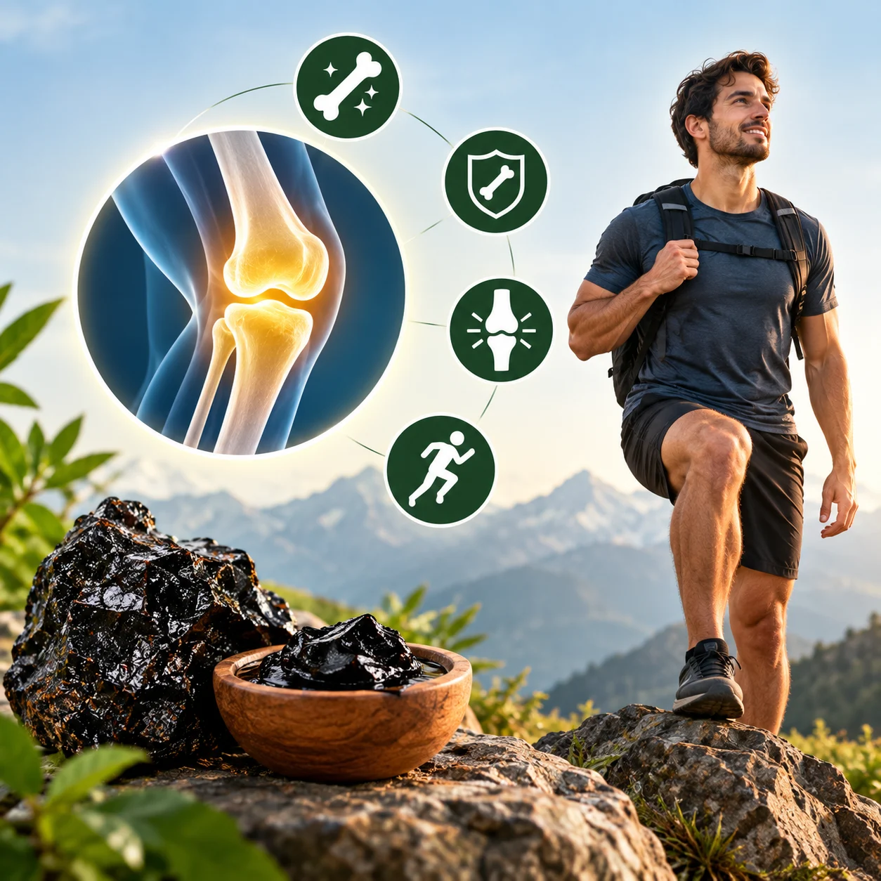 Illustration of a hiker with a knee-joint graphic and Himalayan Salajeet resin